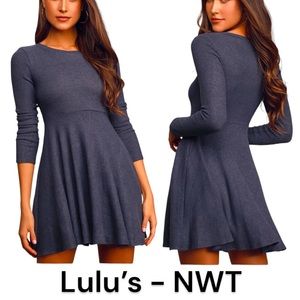 NEW Lulus Fit and Fair Denim Blue Ribbed Knit Long Sleeve Skater Dress - XS